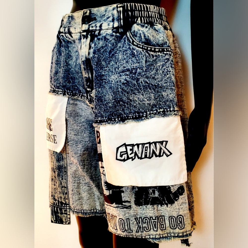 Evisu x Genanx Colorblock Patched Cargo Carpenter Bermuda Denim Shorts Jeans - Picture 3 of 8